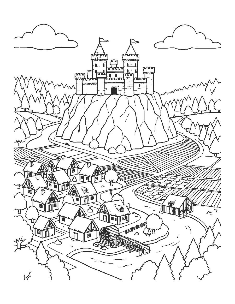 Line drawing of a medieval castle on a hill above a village, river and water mill