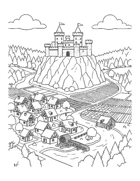 Line drawing of a medieval castle on a hill above a village, river and water mill