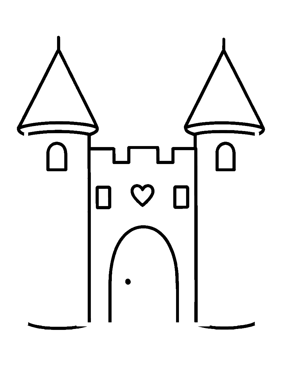 Line drawing of a simple castle with two pointed towers and an arched door