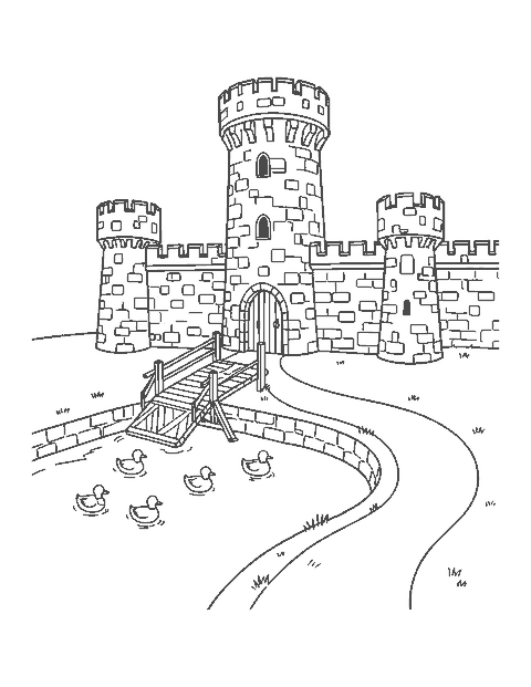 Line drawing of a stone castle with a lowered drawbridge over a moat with ducks