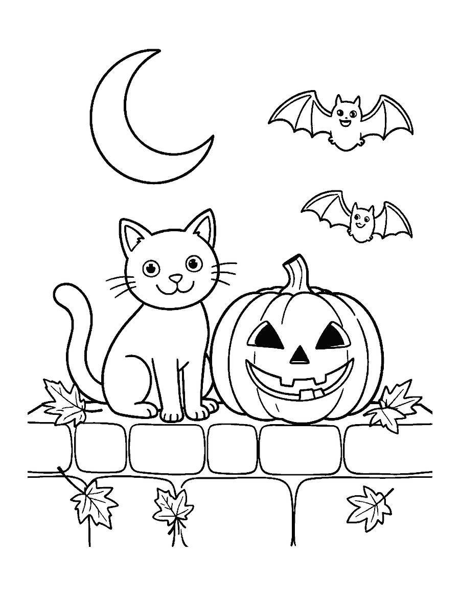 Line drawing of a smiling black cat next to a jack-o'-lantern under a crescent moon