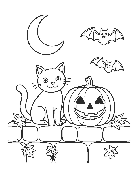 Line drawing of a smiling black cat next to a jack-o'-lantern under a crescent moon