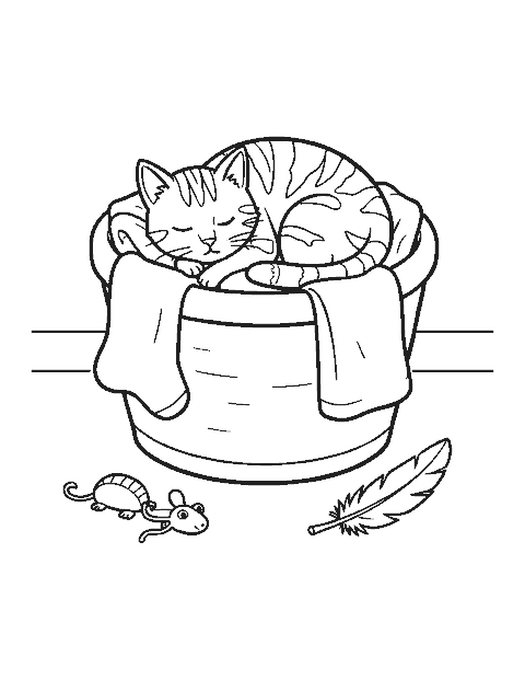 Line drawing of a tabby cat napping in a laundry basket of folded towels