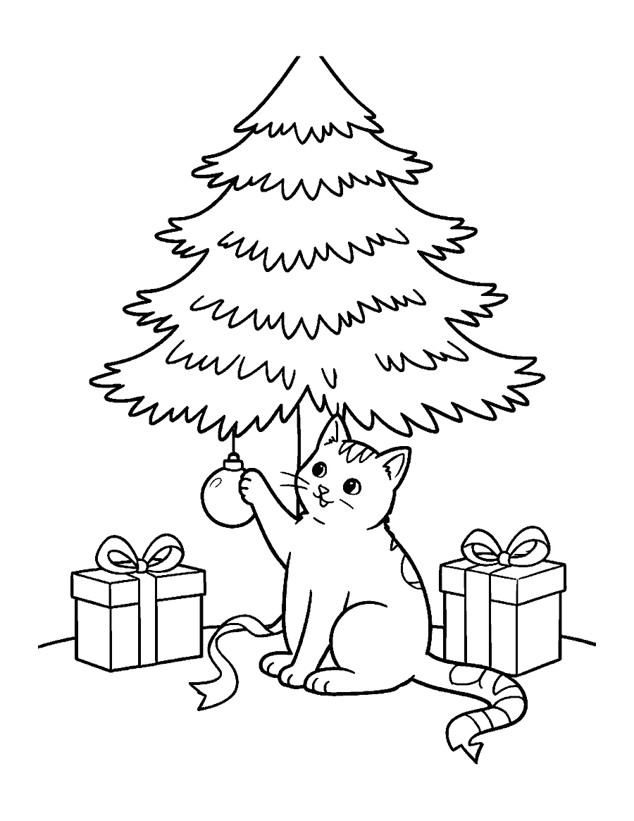 Line drawing of a cat batting a round ornament under a Christmas tree beside presents