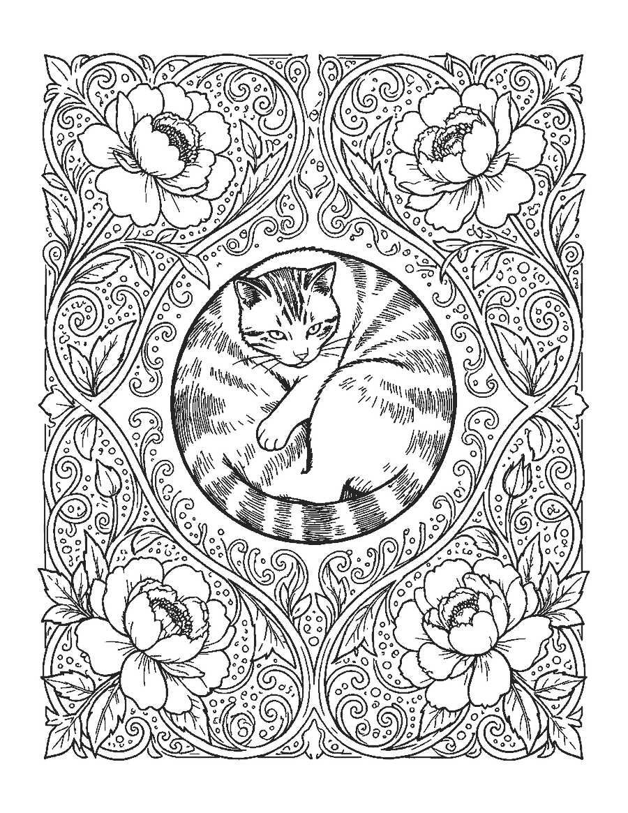 Line drawing of a curled-up cat framed by an ornamental border of peonies and vines