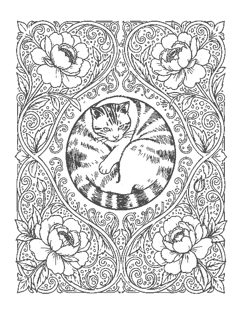 Line drawing of a curled-up cat framed by an ornamental border of peonies and vines