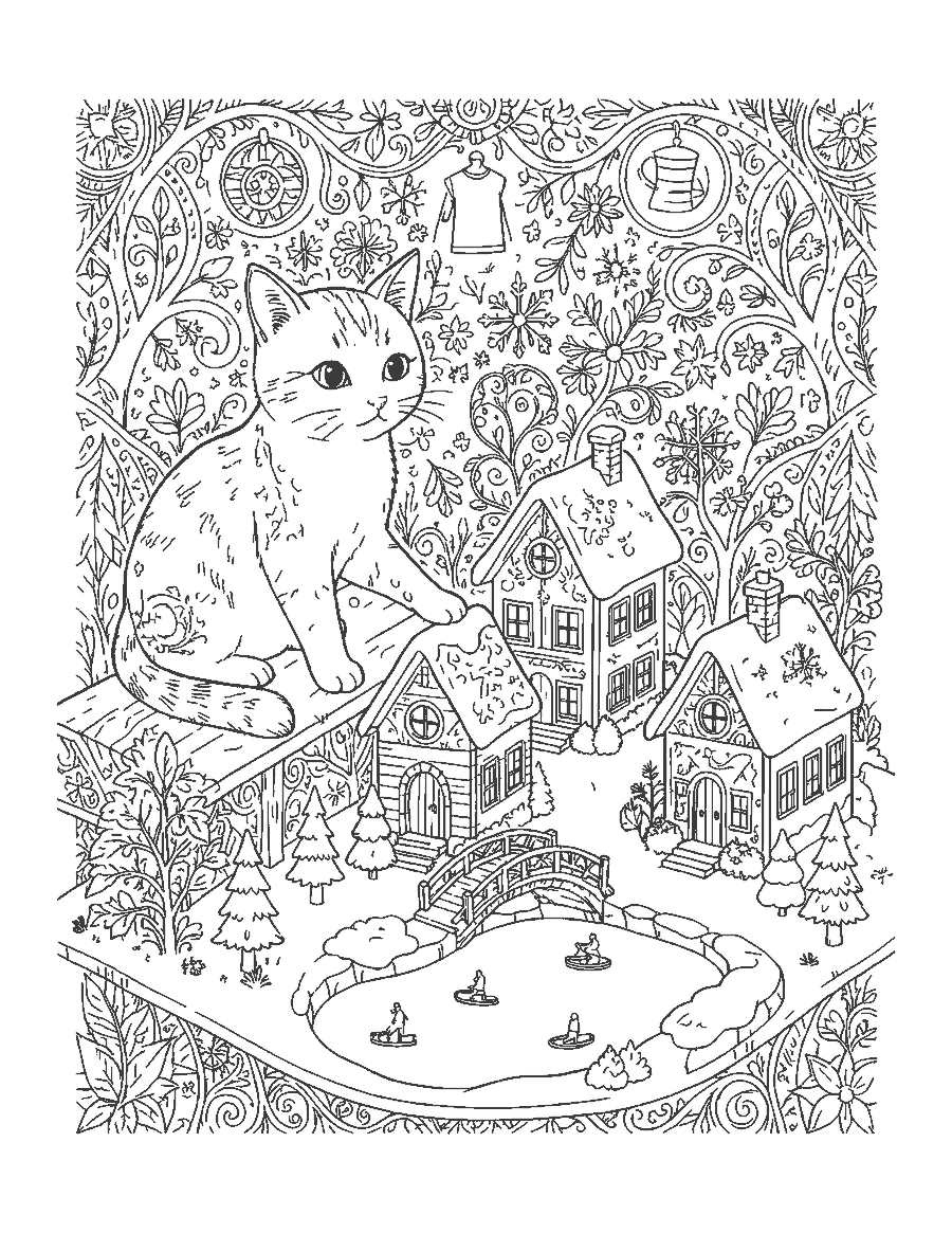 Line drawing of a cat beside a miniature Christmas village of tiny snowy cottages, pine trees and a bridge