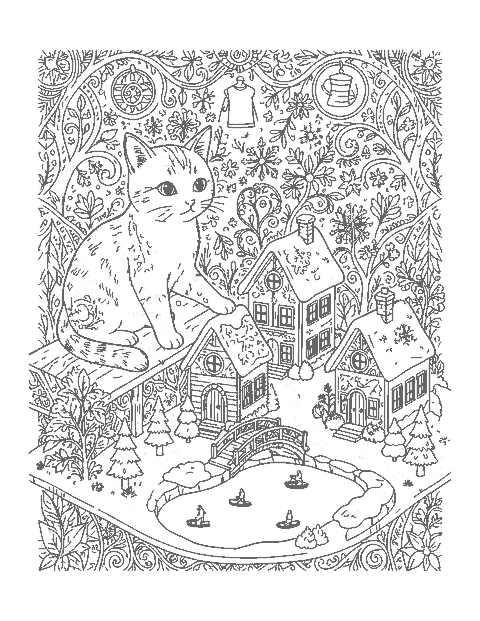 Line drawing of a cat beside a miniature Christmas village of tiny snowy cottages, pine trees and a bridge