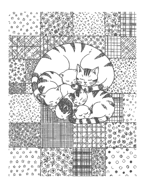 Line drawing of a mother cat and four kittens sleeping on a patchwork quilt of patterned squares