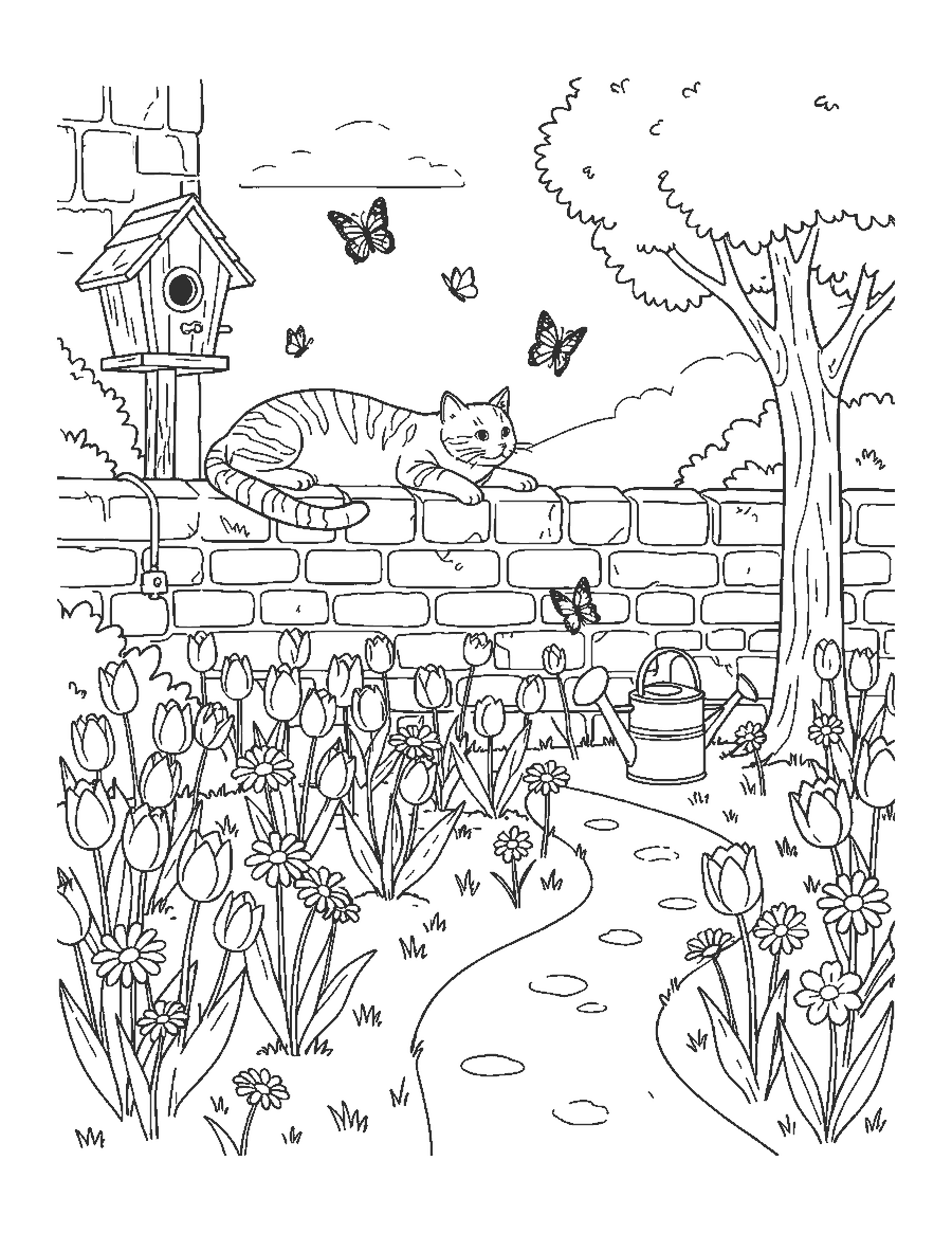 Line drawing of a cat on a stone garden wall watching butterflies above flower beds