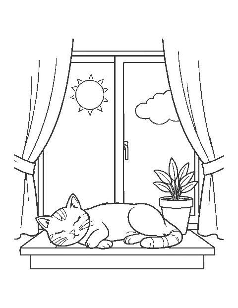 Line drawing of a cat napping on a windowsill beside curtains and a potted plant