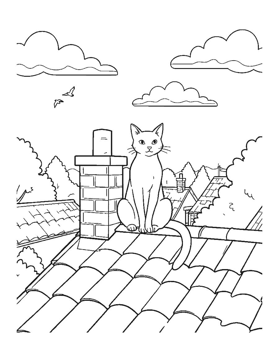 Line drawing of a cat sitting on a tiled rooftop beside a brick chimney with treetops behind