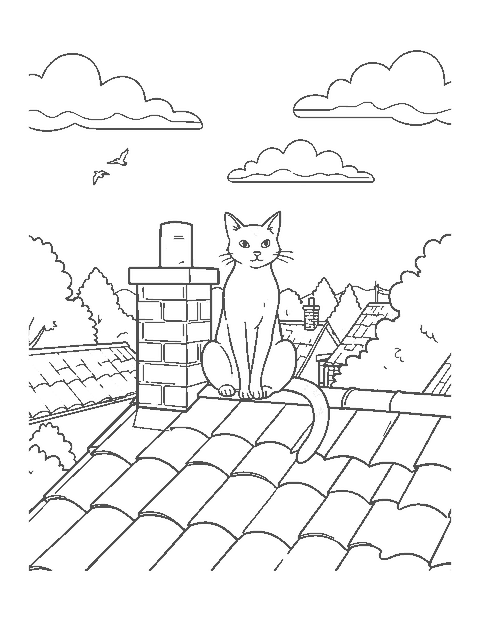 Line drawing of a cat sitting on a tiled rooftop beside a brick chimney with treetops behind