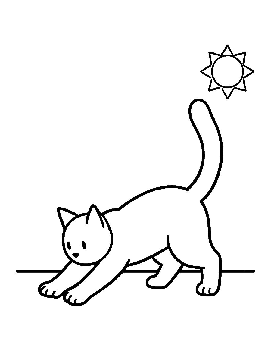 Line drawing of a cat stretching its front legs forward with its tail held high