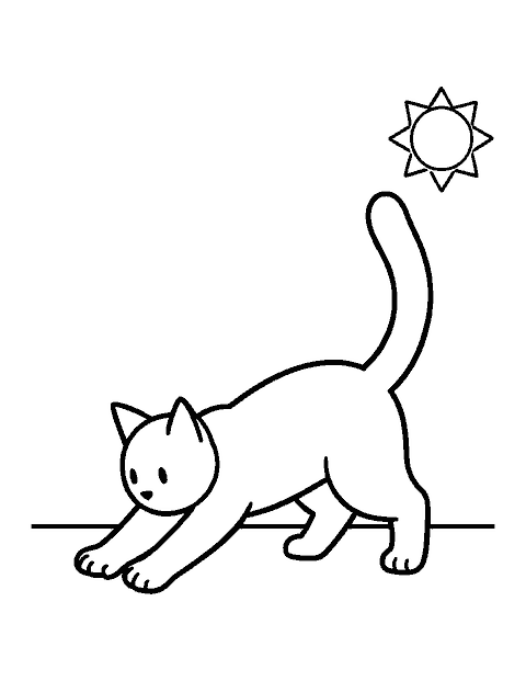 Line drawing of a cat stretching its front legs forward with its tail held high