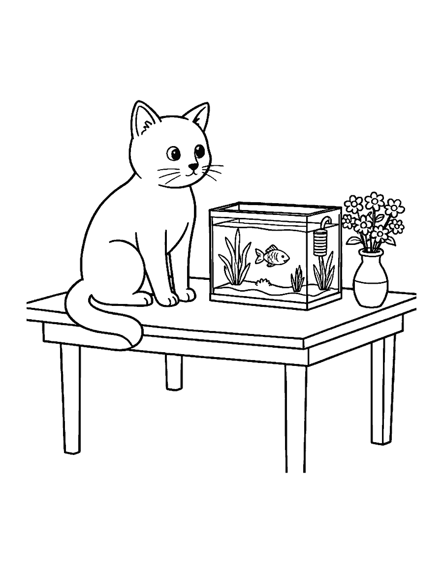 Line drawing of a cat on a table watching a goldfish swim in a small tank with plants beside a vase of flowers
