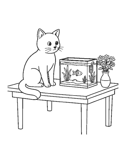 Line drawing of a cat on a table watching a goldfish swim in a small tank with plants beside a vase of flowers