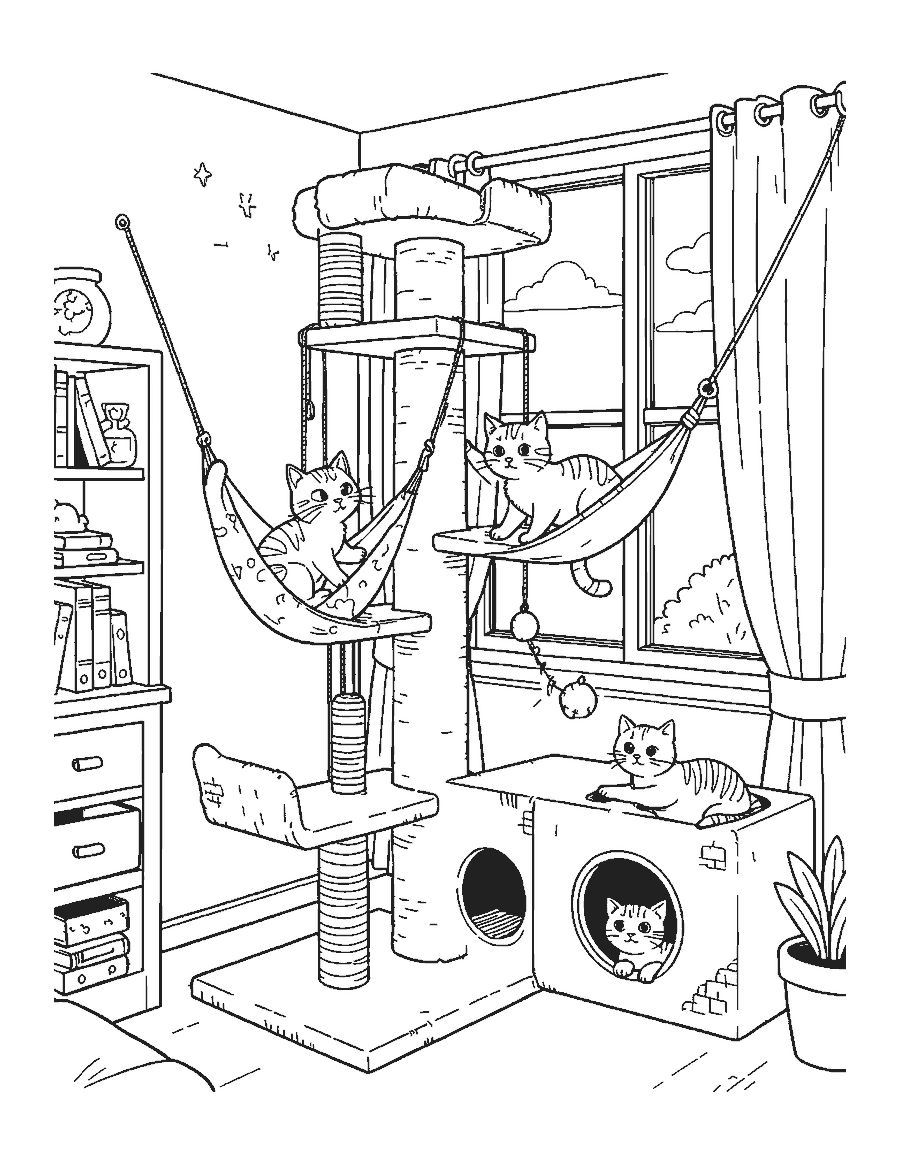 Line drawing of four cats playing and resting on the levels of a tall cat tree