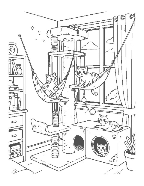 Line drawing of four cats playing and resting on the levels of a tall cat tree