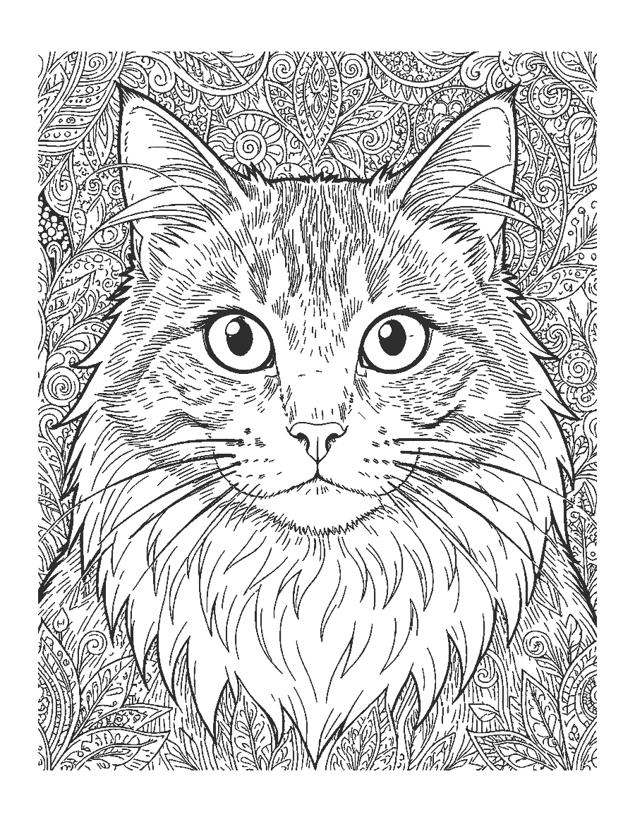 Line drawing close-up of a fluffy cat's face with detailed fur, whiskers and eyes