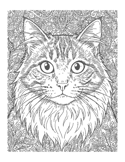 Line drawing close-up of a fluffy cat's face with detailed fur, whiskers and eyes