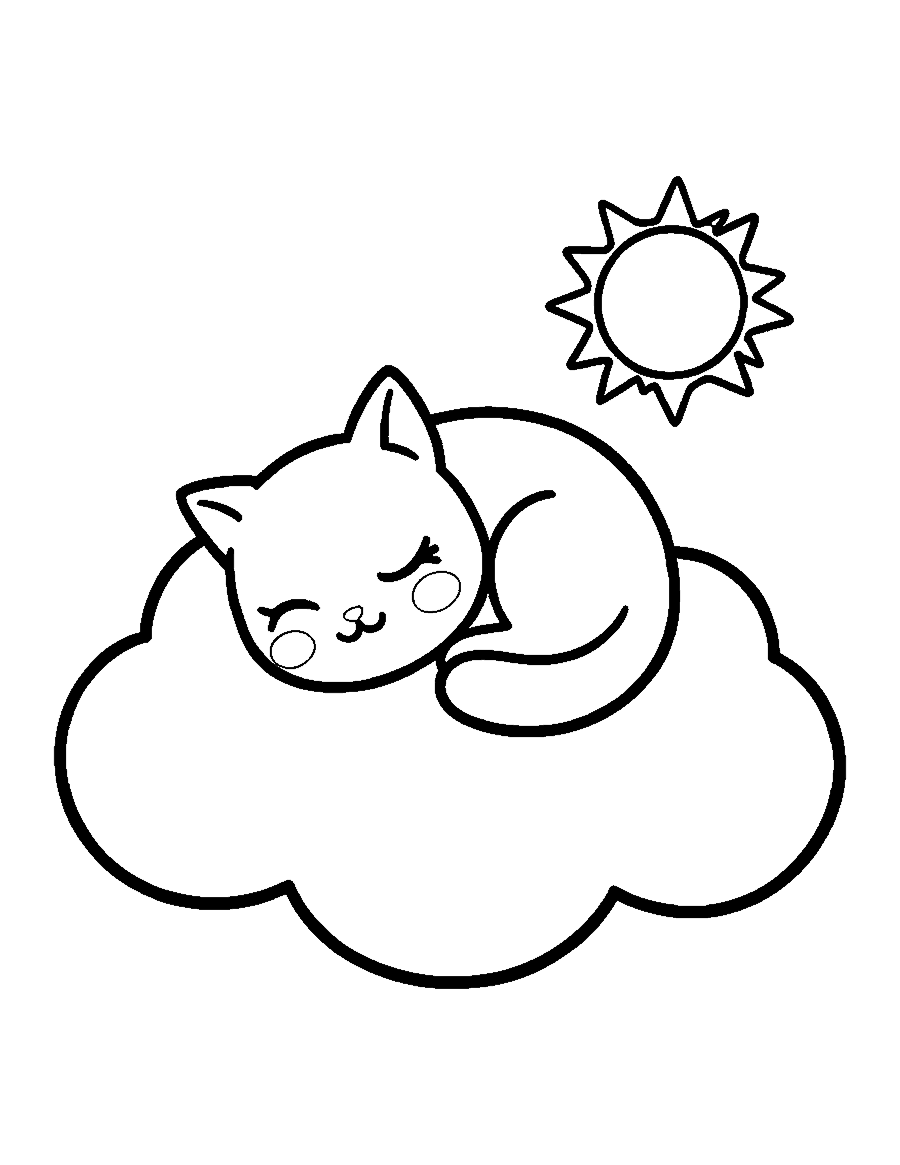Line drawing of a cute chibi kitten curled up asleep on a big fluffy cloud