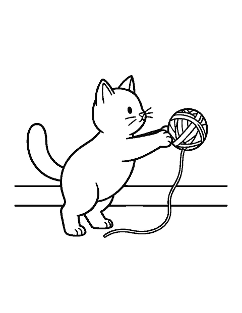 Line drawing of a playful kitten reaching a paw toward a ball of yarn