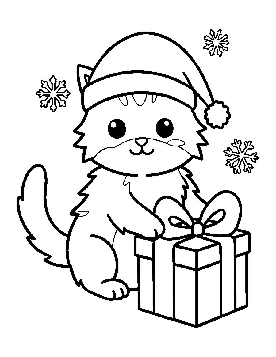 Line drawing of a kitten in a Santa hat sitting beside a wrapped present