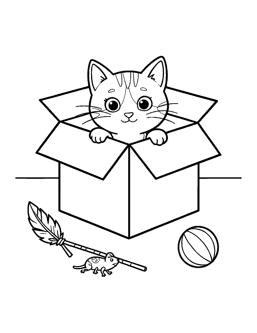 Line drawing of a kitten peeking out of a cardboard box near a toy mouse and a ball