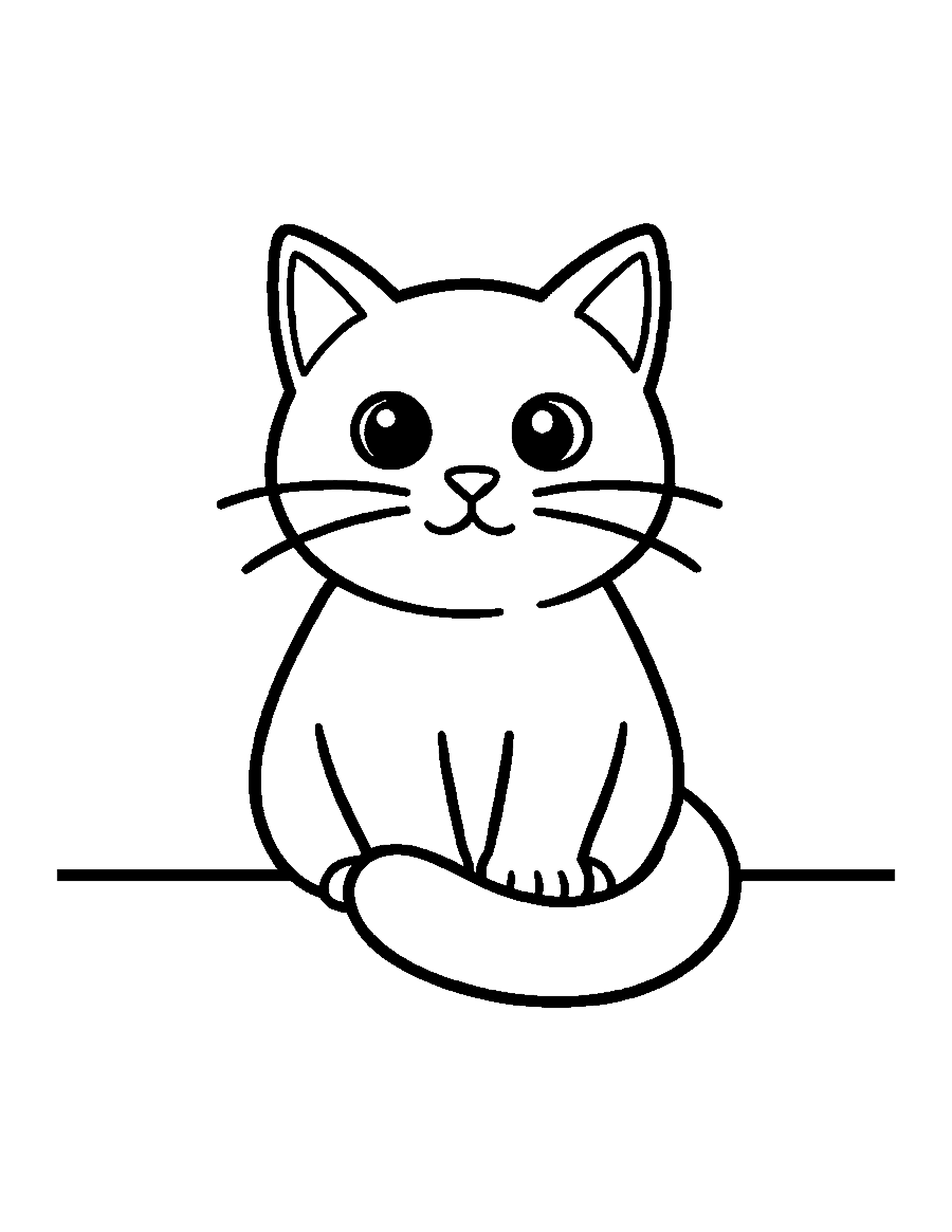 Line drawing of a kitten sitting upright with its tail curled around its front paws