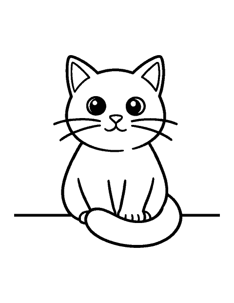 Line drawing of a kitten sitting upright with its tail curled around its front paws