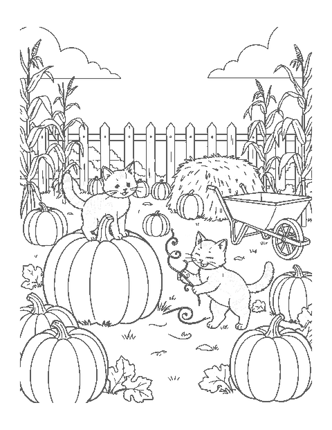 Line drawing of two kittens playing among pumpkins, a hay bale and corn stalks in a pumpkin patch