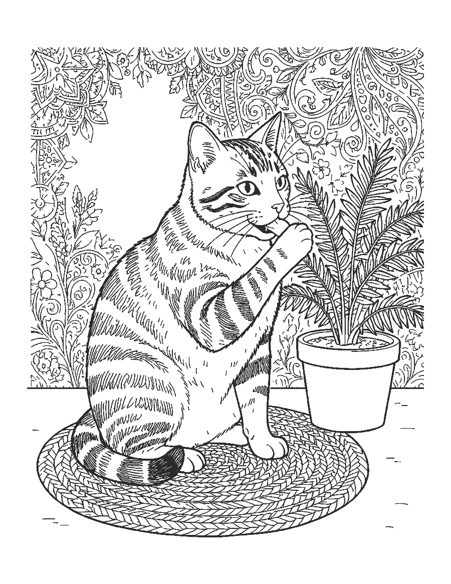 Line drawing of a realistic tabby cat licking its paw on a patterned woven rug