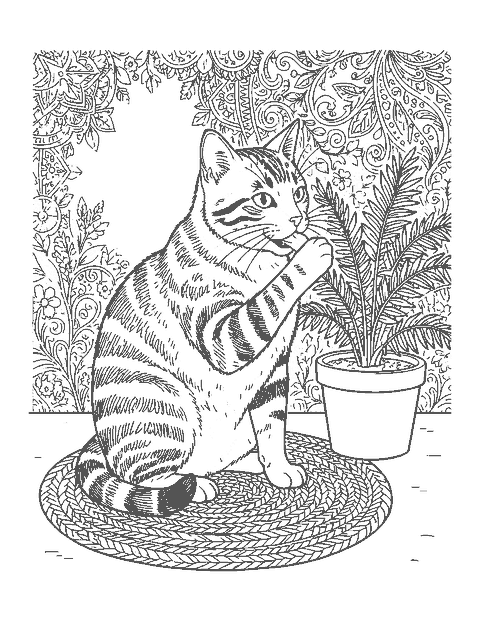 Line drawing of a realistic tabby cat licking its paw on a patterned woven rug