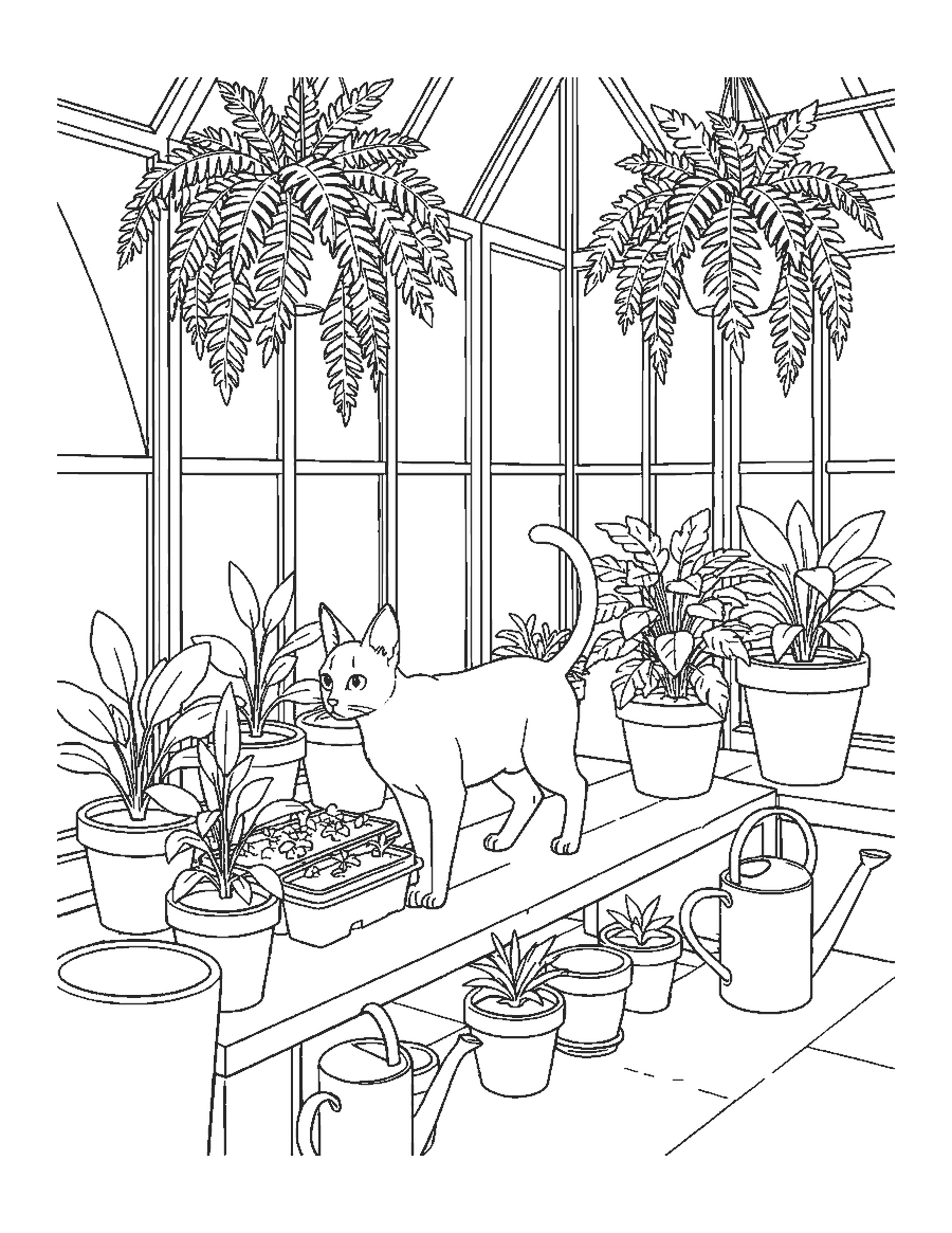 Line drawing of a Siamese cat walking among potted plants and hanging ferns in a greenhouse