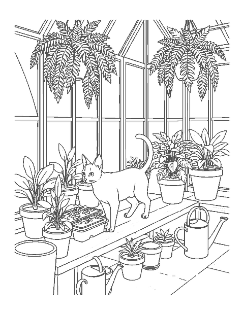 Line drawing of a Siamese cat walking among potted plants and hanging ferns in a greenhouse