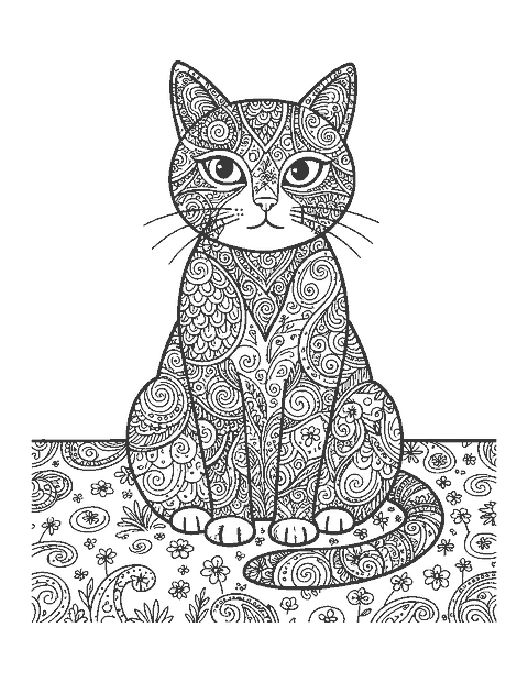 Line drawing of a sitting cat whose whole body is filled with doodle swirls and patterns