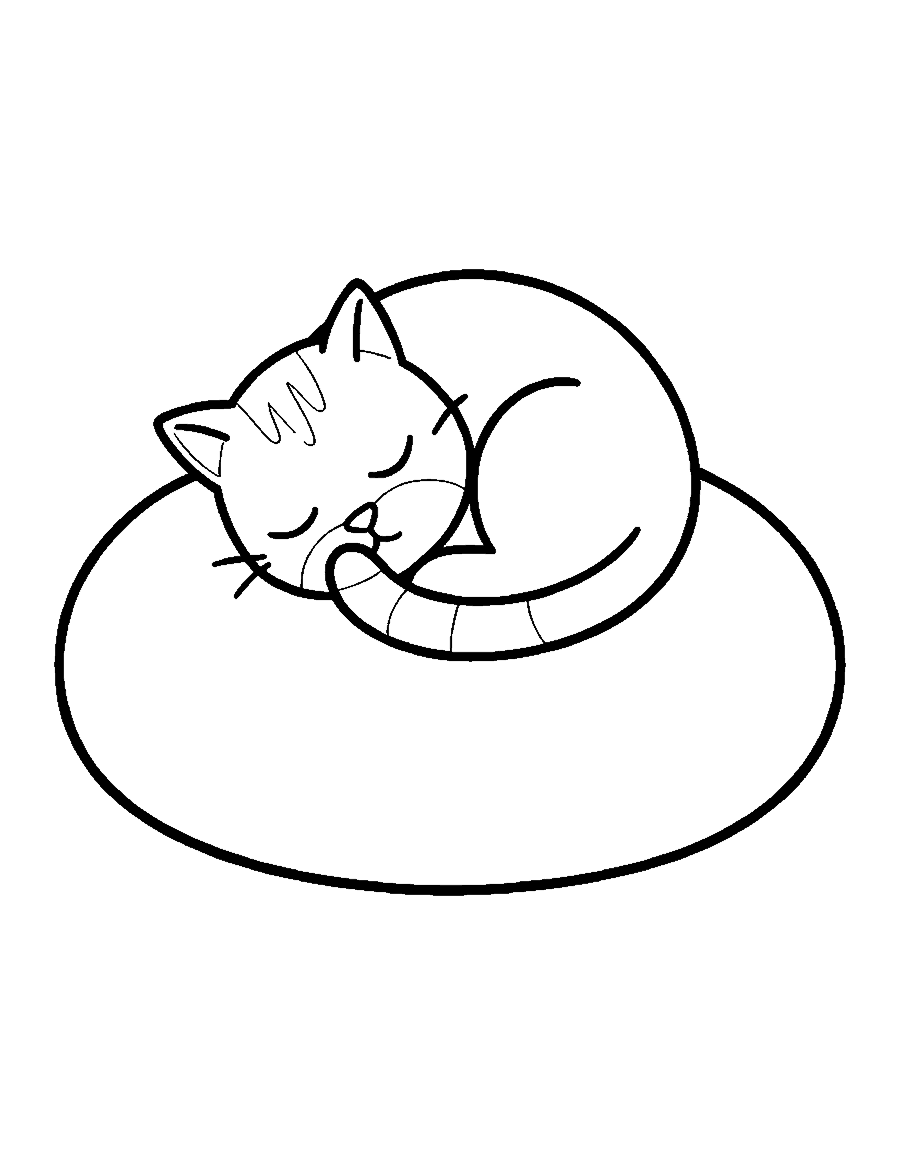 Line drawing of a cat curled up asleep on a round cushion