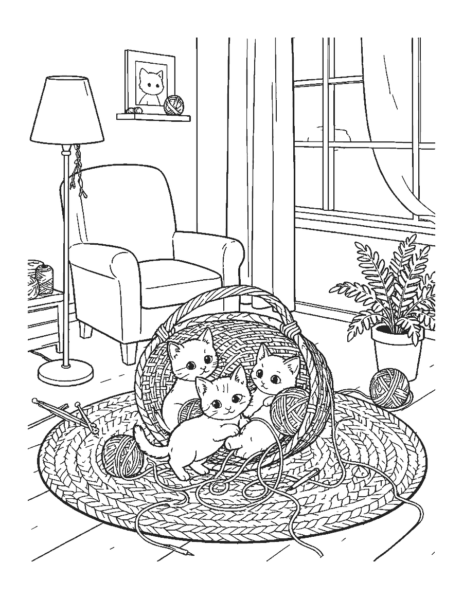 Line drawing of three kittens tangled in yarn spilling from a basket in a cozy living room