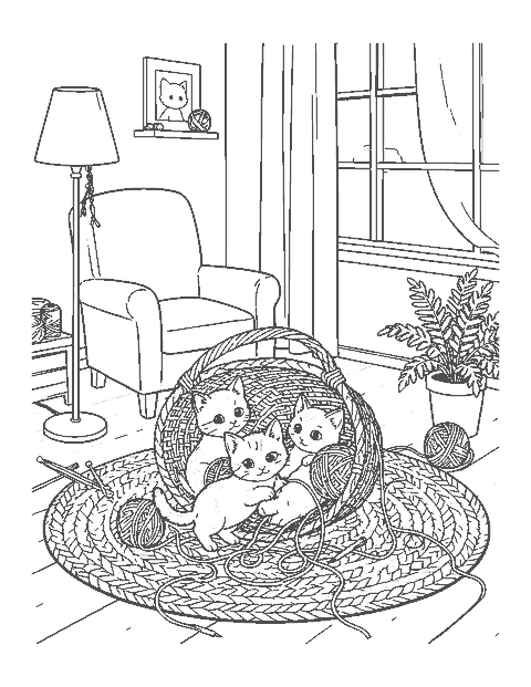 Line drawing of three kittens tangled in yarn spilling from a basket in a cozy living room
