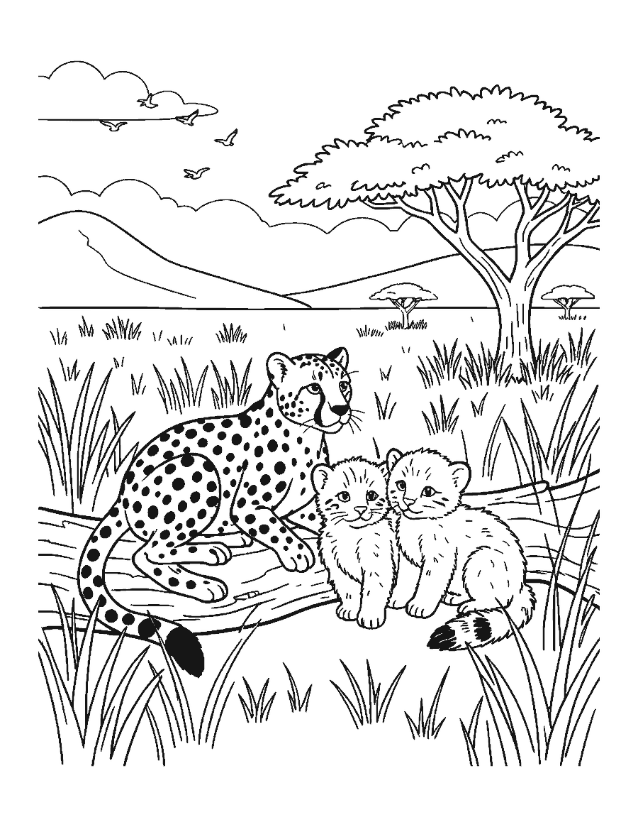 Line drawing of a cheetah mother and two cubs resting on a fallen tree on the savanna