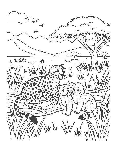 Line drawing of a cheetah mother and two cubs resting on a fallen tree on the savanna