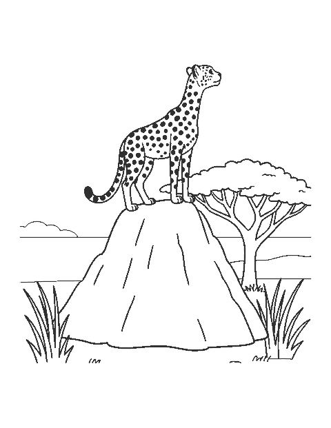 Line drawing of a spotted cheetah standing on a termite mound looking out over the grass