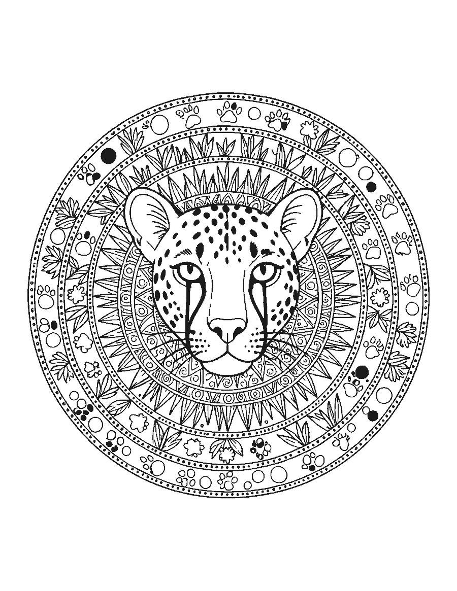 Line drawing of a cheetah face inside a round mandala of grass, leaves and paw prints