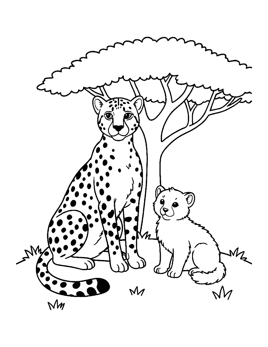 Line drawing of a cheetah mother and her fluffy cub sitting side by side on the grass
