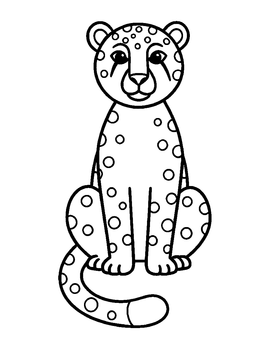 Line drawing of a spotted cheetah sitting upright with black tear lines on its face