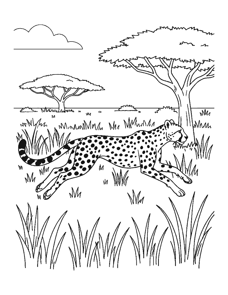 Line drawing of a cheetah running at full speed across the savanna past an acacia tree