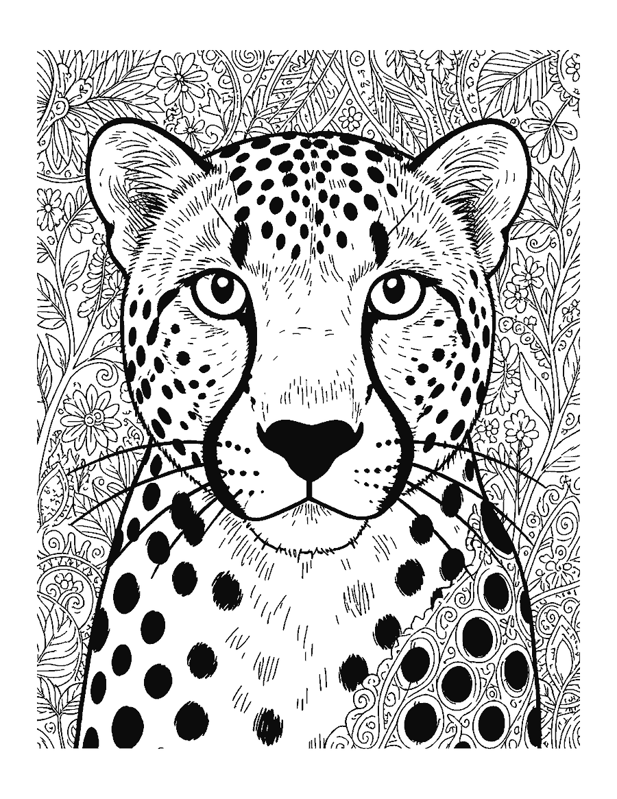 Line drawing close-up of a cheetah's face with tear lines, whiskers and detailed spots