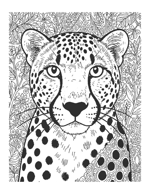 Line drawing close-up of a cheetah's face with tear lines, whiskers and detailed spots