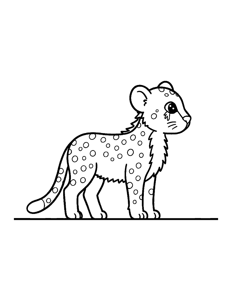Line drawing of a cheetah cub with a fluffy strip of fur along its back